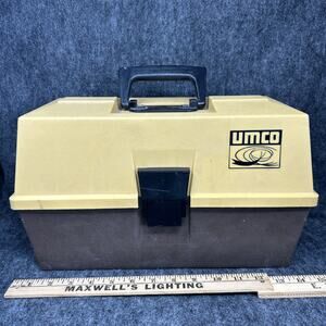 Vintage UMCO 1283 Fishing Tackle Box 3-Tier Storage Brown & Yellow USA
